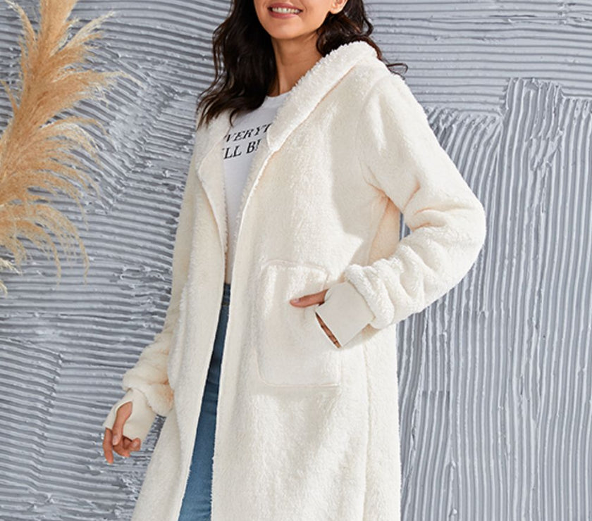 Double Take Full Size Hooded Teddy Bear Jacket with Thumbholes