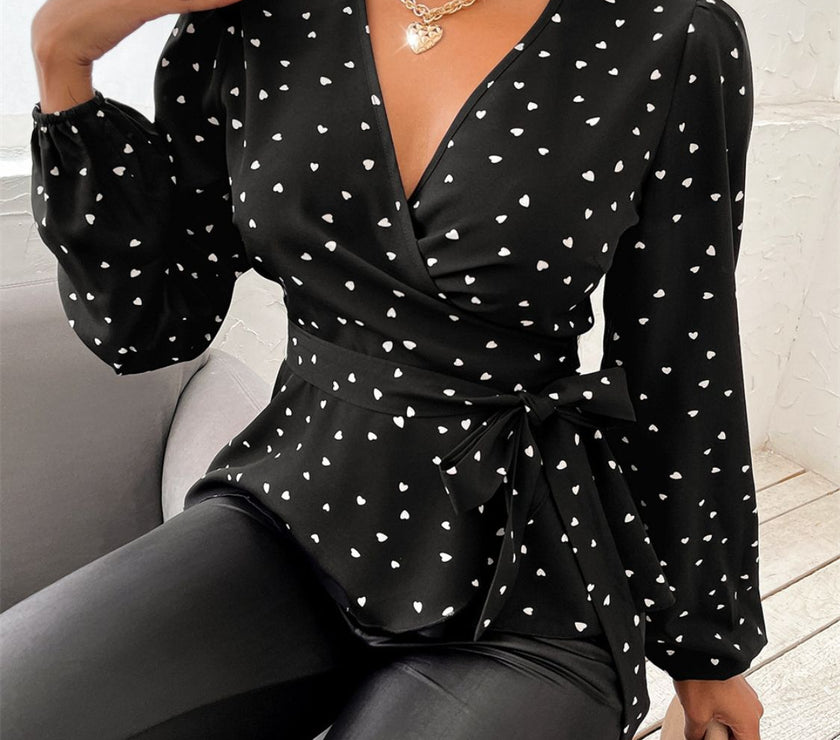 Heart Print Surplice Balloon Sleeve Blouse