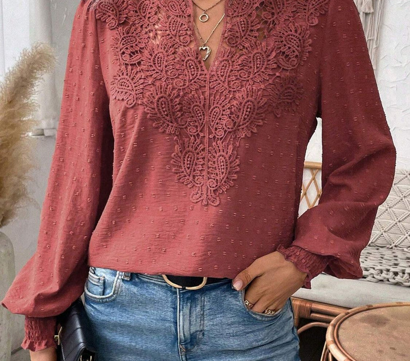 Swiss Dot Lace Detail Notched Long Sleeve Blouse