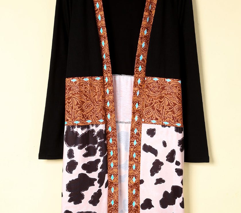 Black Western Pattern Cow Patchwork Open Front Cardigan