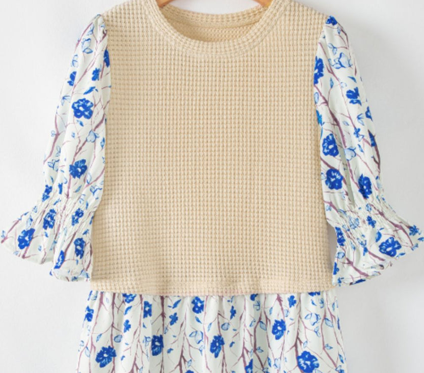 Waffle-Knit Printed Round Neck Flounce Sleeve Blouse