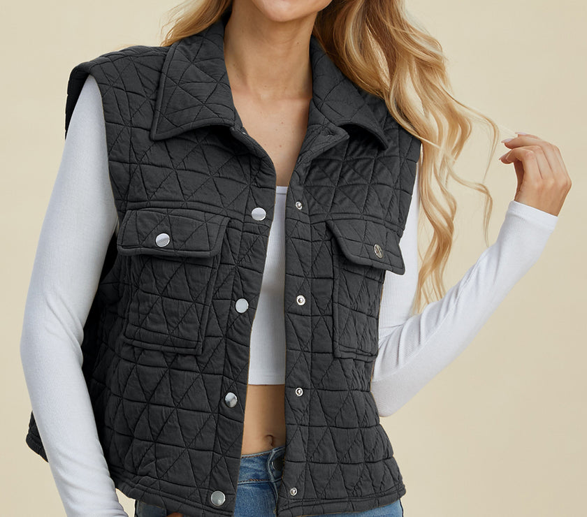 Double Take Full Size Pocketed Texture Snap Down Vest Coat