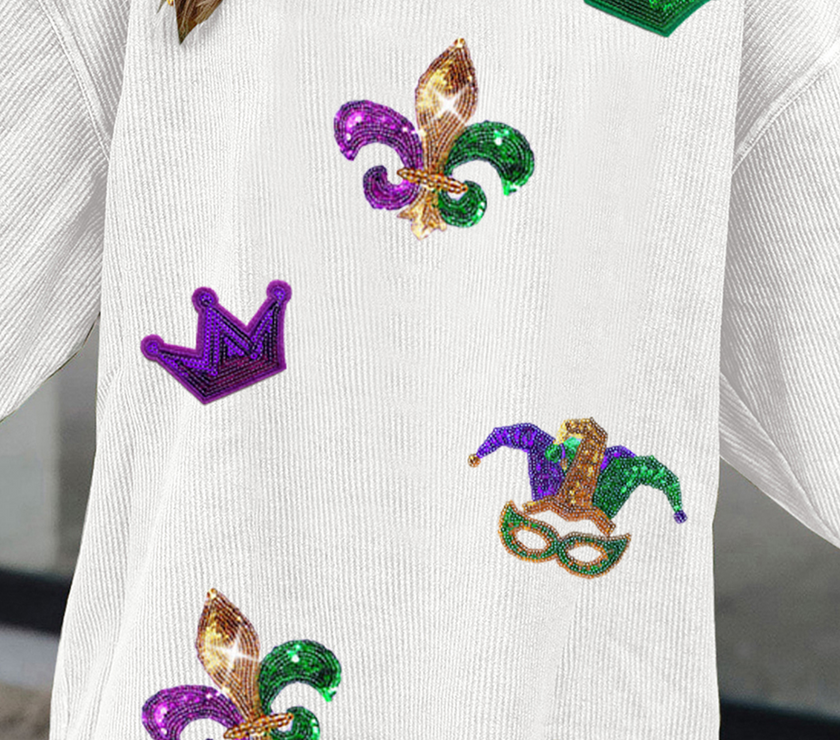 White Sequin Mardi Gras Symbol Crown Mask Patched Corded Sweatshirt