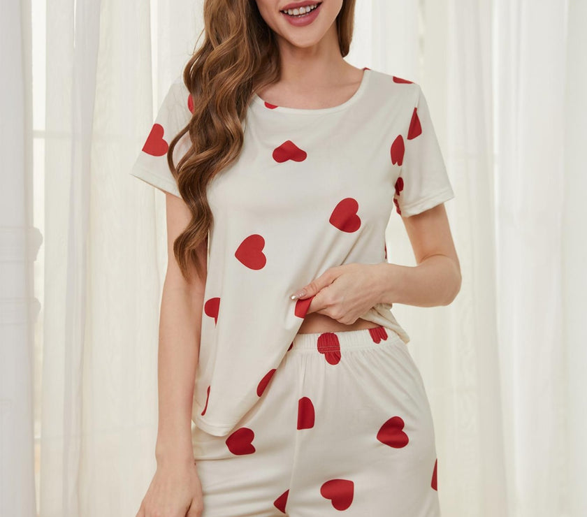 Heart Round Neck Top and Shorts Lounge Set