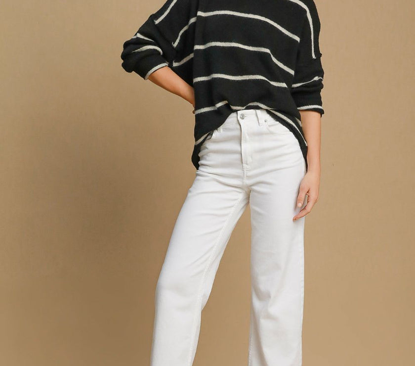 Umgee Wool Blend Striped Round Neck Sweater