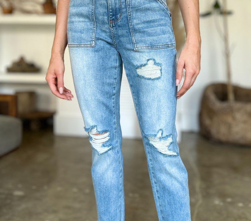 Judy Blue Full Size Distressed Straight Jeans with Patch Pockets