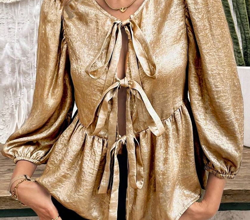 Tied Peplum Three-Quarter Sleeve Blouse