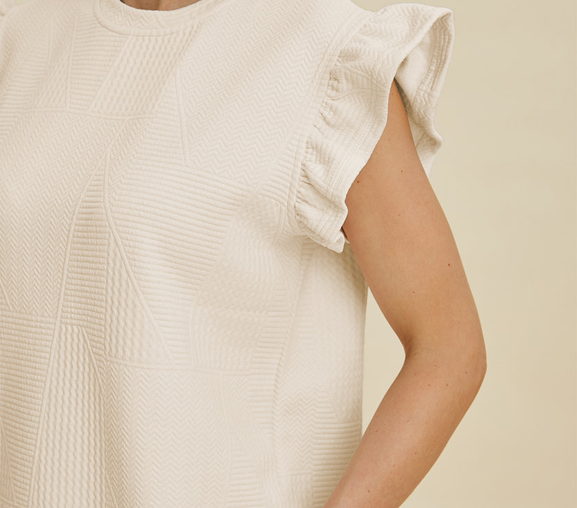 Double Take Full Size Texture Round Neck Ruffle Sleeve Top and Shorts Set