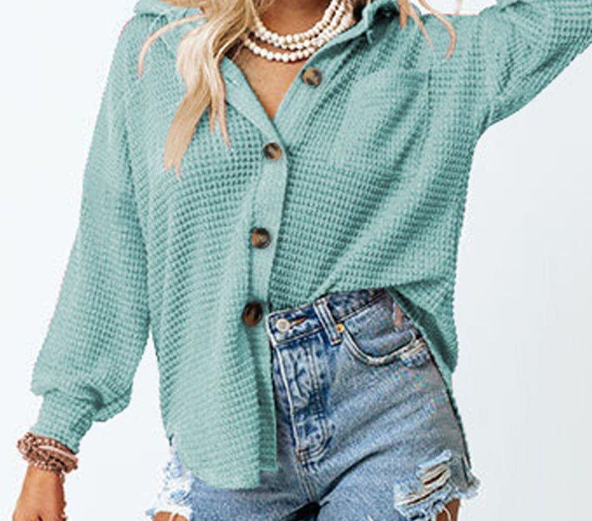 Waffle-Knit Collared Neck Long Sleeve Shirt