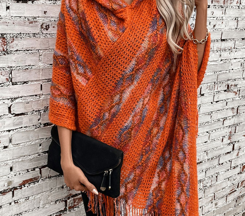 Fringe Contrast Hooded Poncho