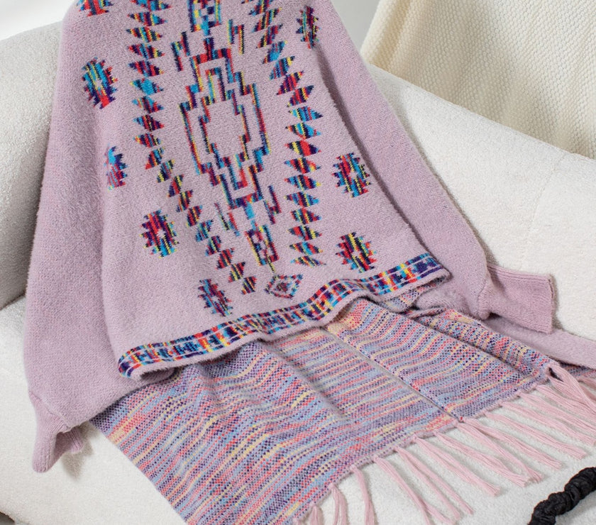 Fringe Geometric Open Front Long Sleeve Cape