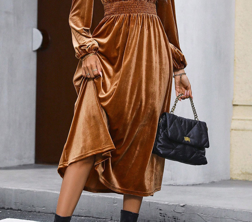 Surplice Balloon Sleeve Smocked Midi Dress