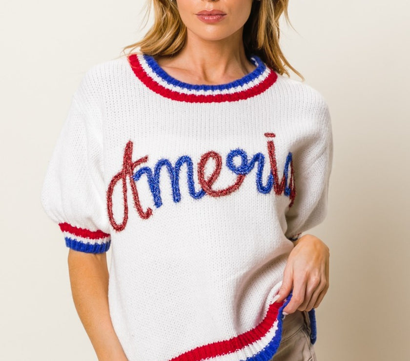 BiBi Metallic America Letter Short Sleeve Sweater