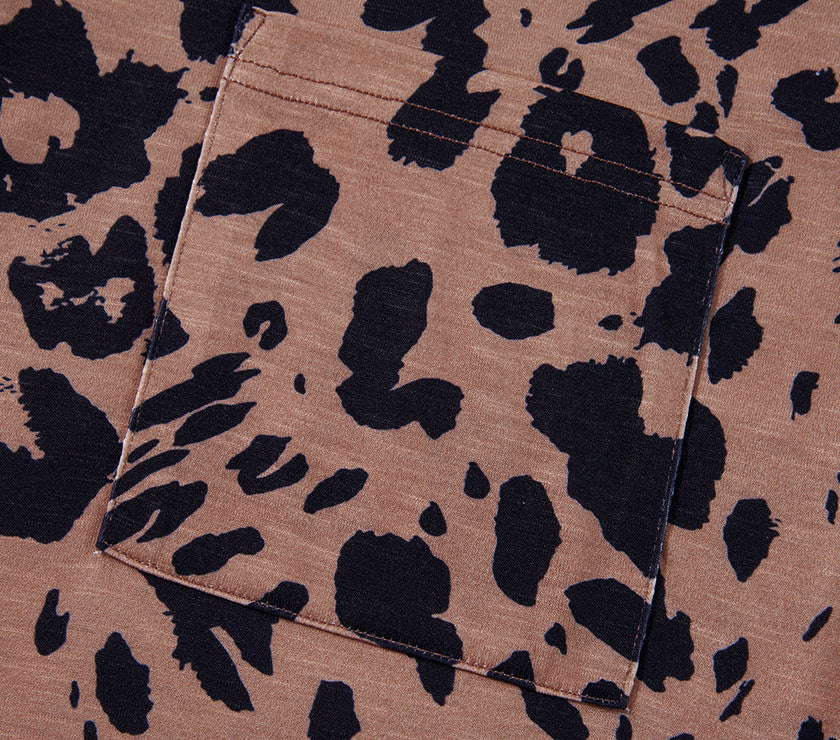 Brown Leopard Print V Neck Half Sleeve Oversized Tee