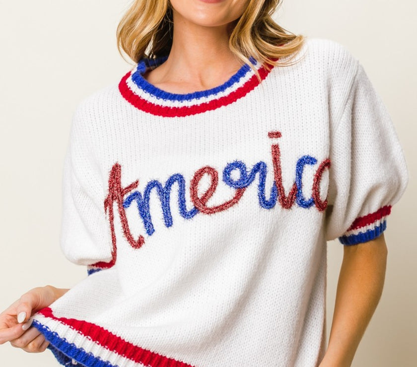 BiBi Metallic America Letter Short Sleeve Sweater