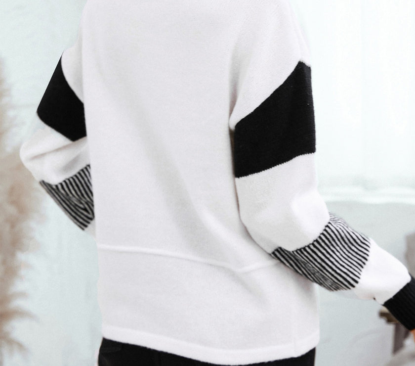 Striped Johnny Collar Drop Shoulder Sweater