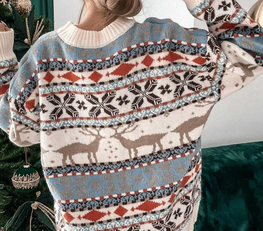 Geometric Round Neck Dropped Shoulder Sweater