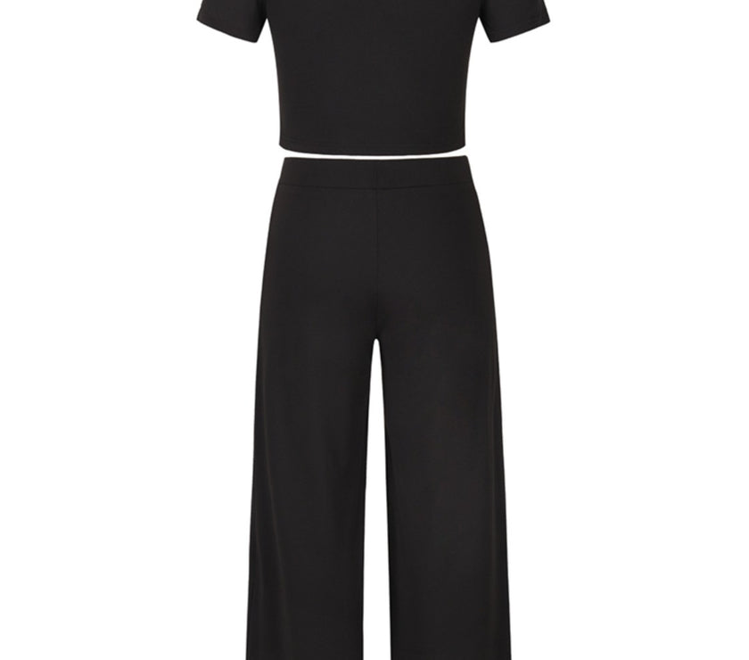 Round Neck Short Sleeve Top and Pocketed Pants Set