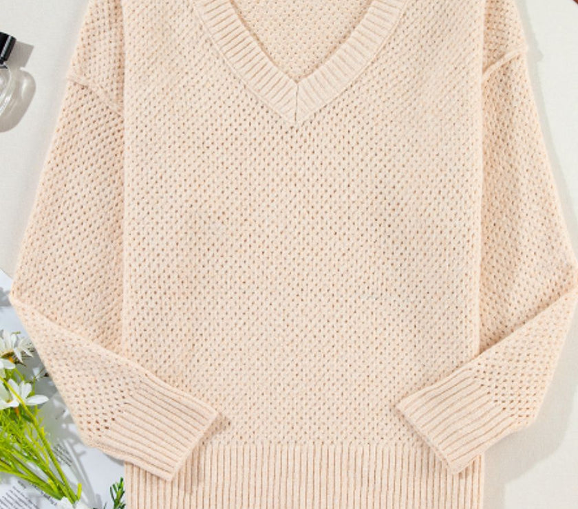 V-Neck Dropped Shoulder Long Sleeve Sweater