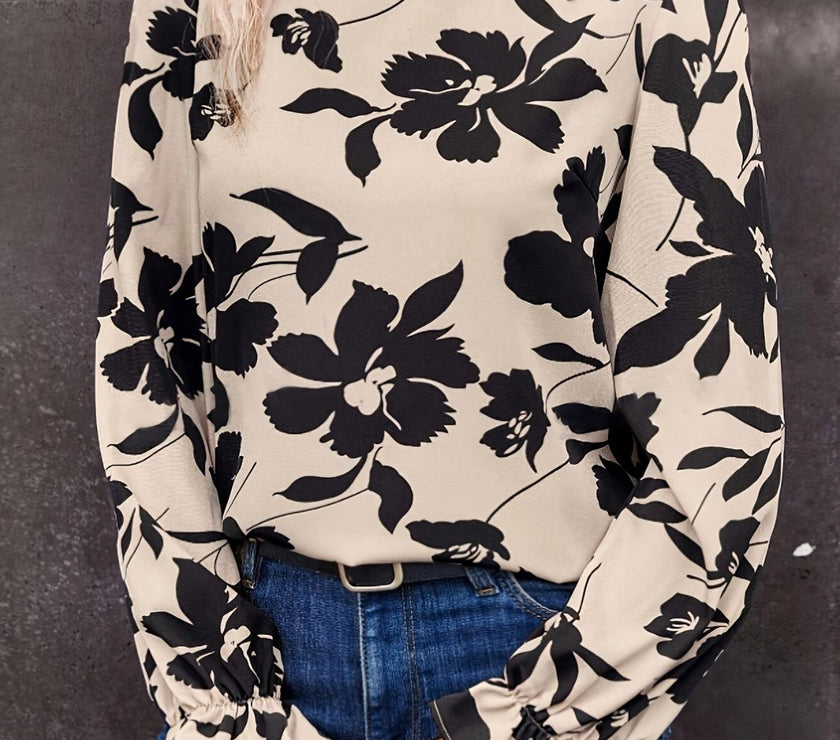 Bow Back Printed Round Neck Flounce Sleeve Blouse