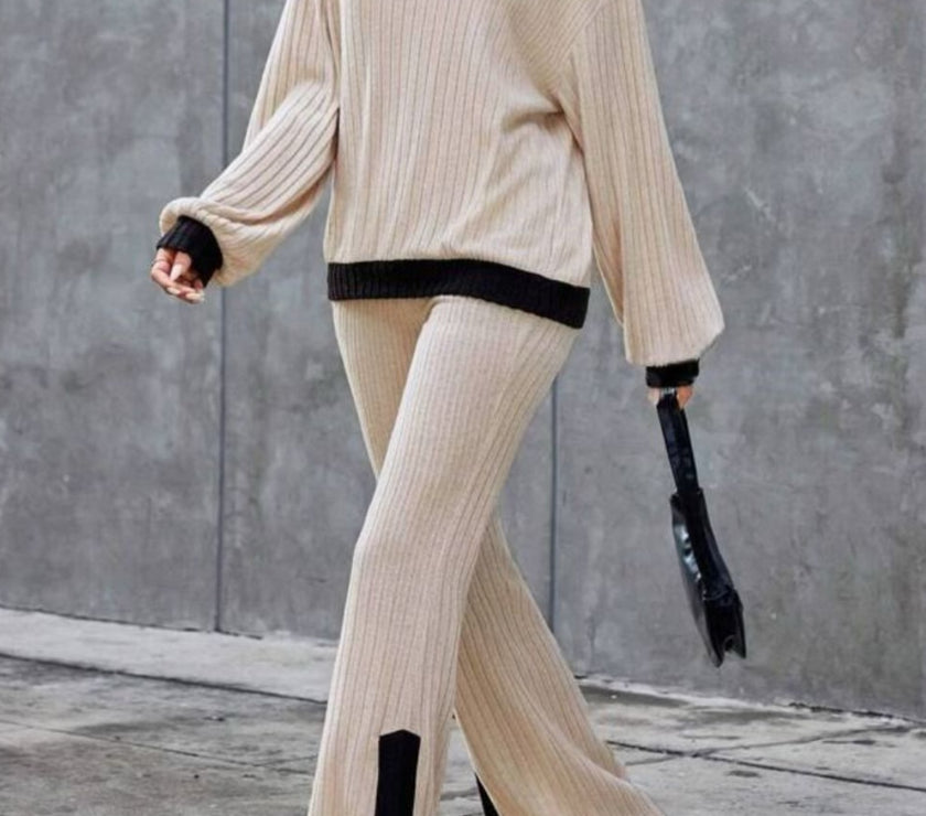 Contrast Round Neck Long Sleeve Top and Bootcut Pants Set