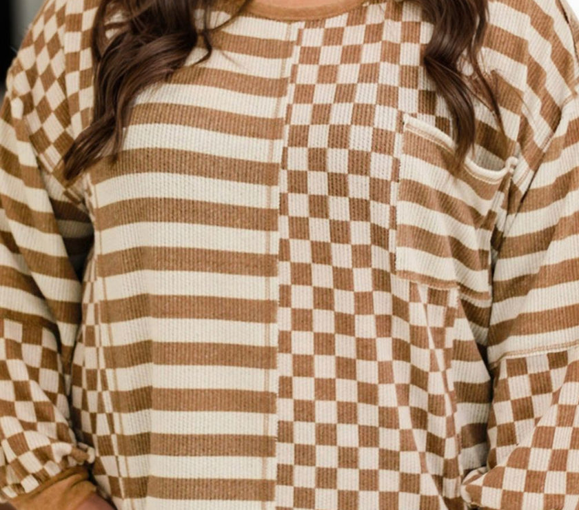 Plus Size Stripes & Checker Round Neck Long Sleeve Top