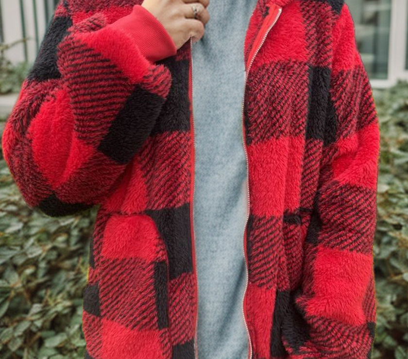 Double Take Full Size Plaid Long Sleeve Hooded Coat