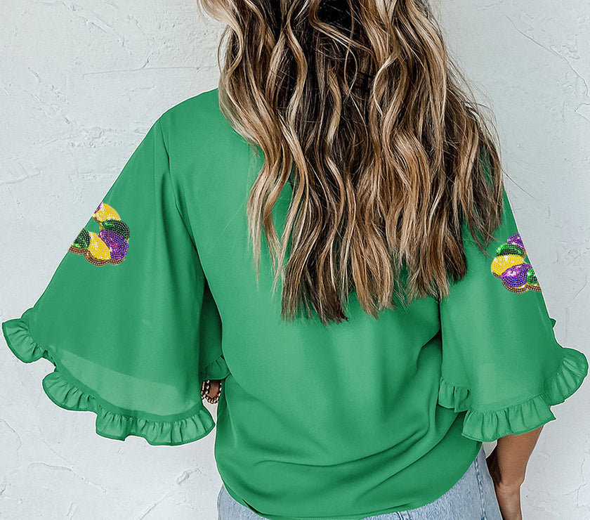 Green Sequin Doughnut Graphic Ruffled Trim Bell Sleeve Mardi Gras Blouse