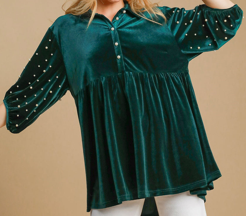 Umgee Pearl Detail Half Sleeve Velvet Babydoll Blouse