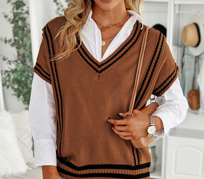Striped Trim V-Neck Sweater Vest