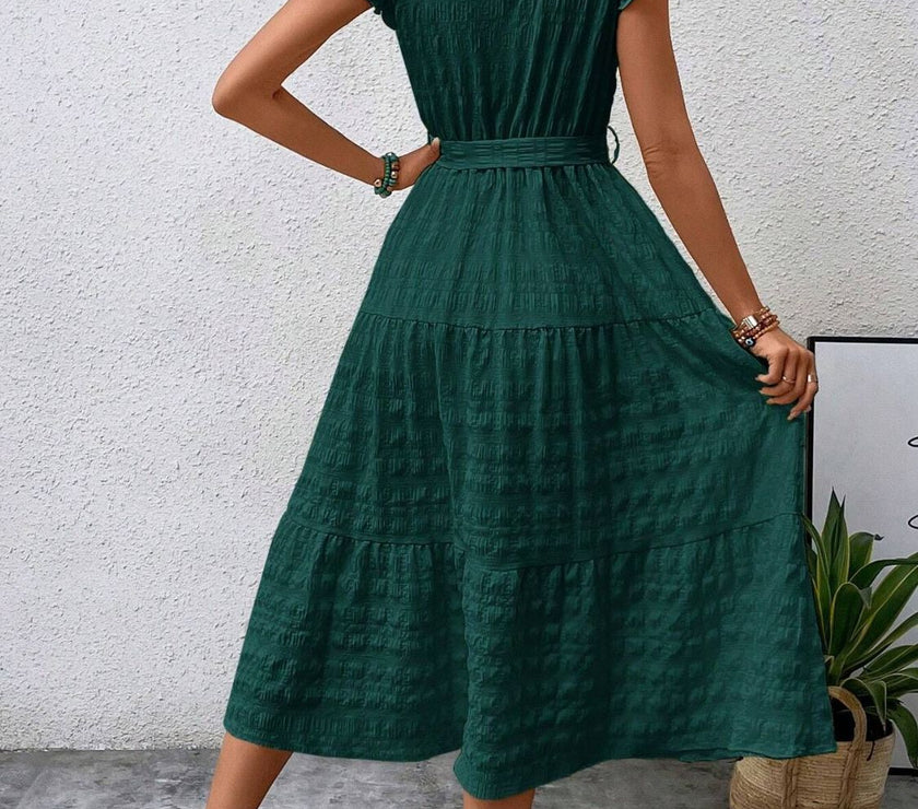 Tied Ruffled Cap Sleeve Midi Dress