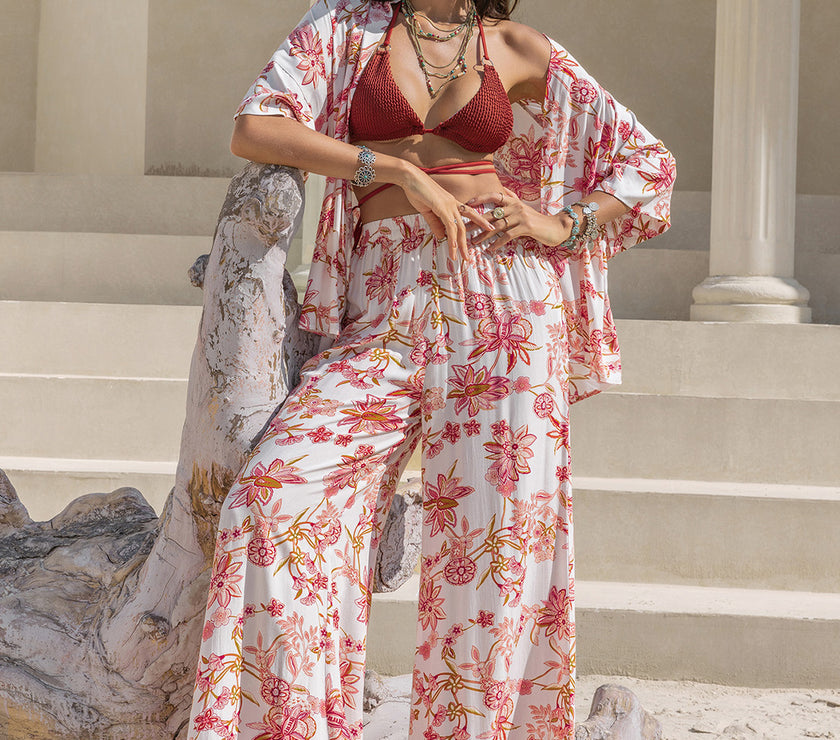 Printed Open Front Half Sleeve Top and Pants Set