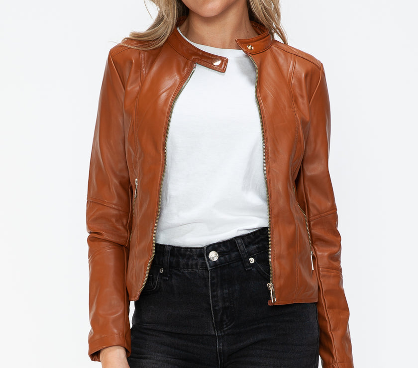 Snobbish Faux Leather Zip Up Drawstring Hooded Jacket