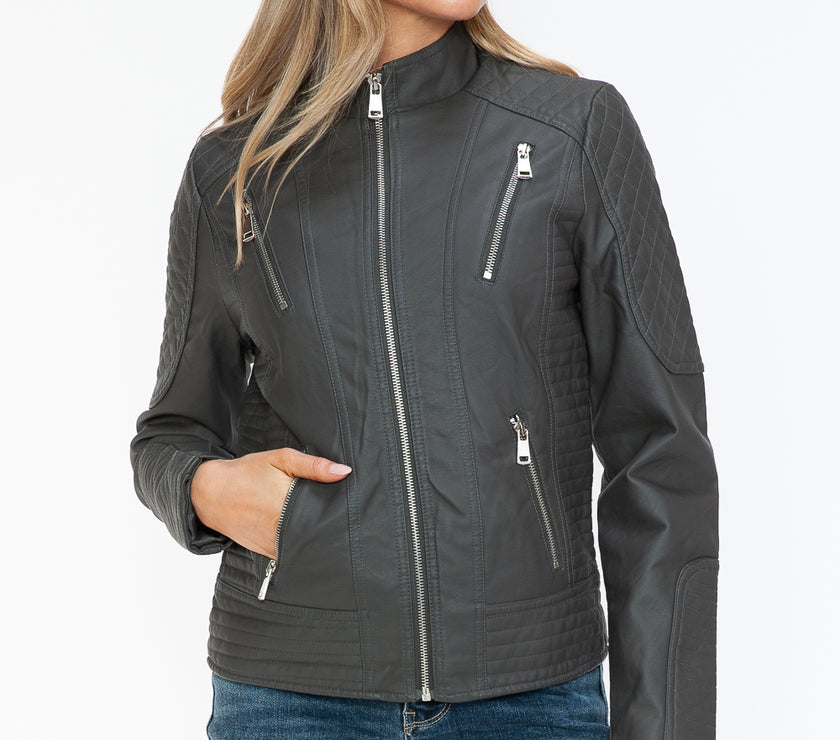 Snobbish Faux Leather Zip Up Mock Neck Jacket