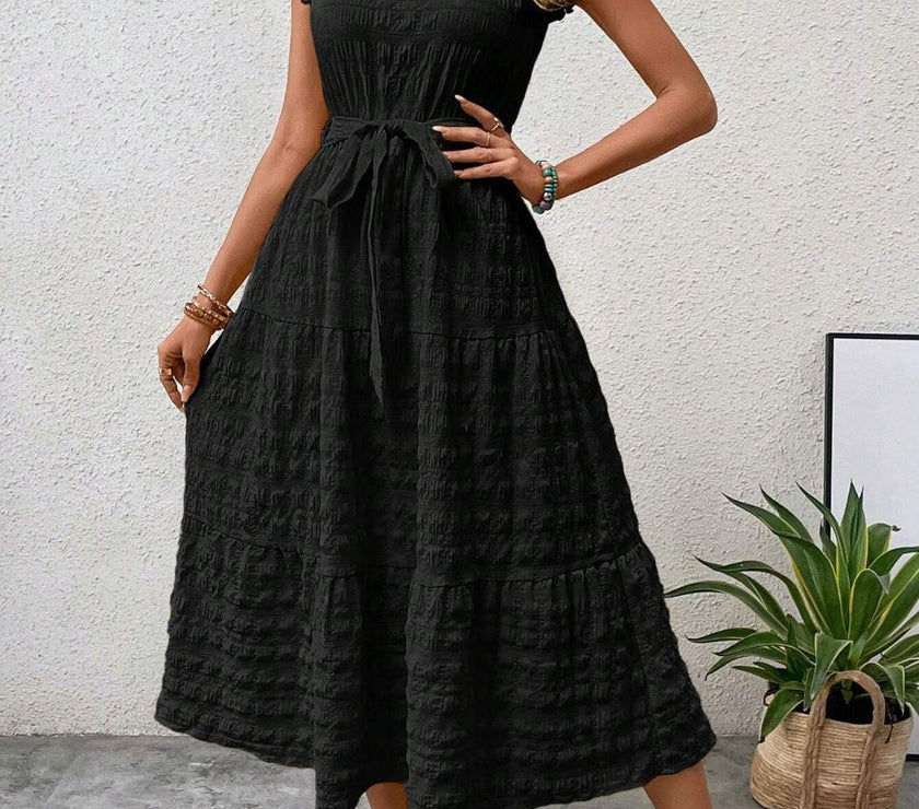 Tied Ruffled Cap Sleeve Midi Dress