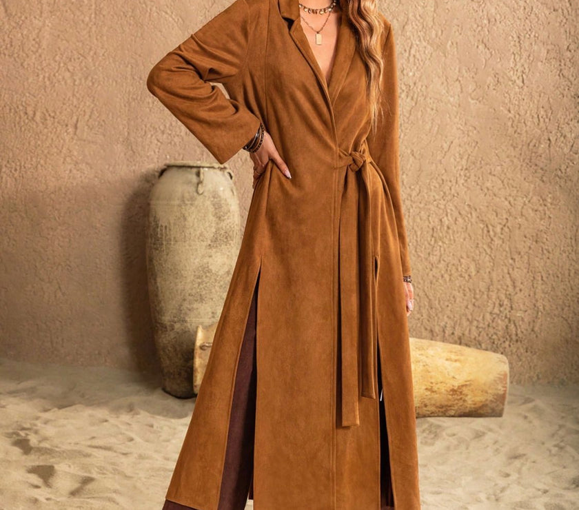Slit Tied Collared Neck Longline Coat