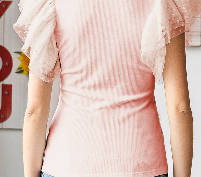 Ruffled Round Neck Cap Sleeve Blouse