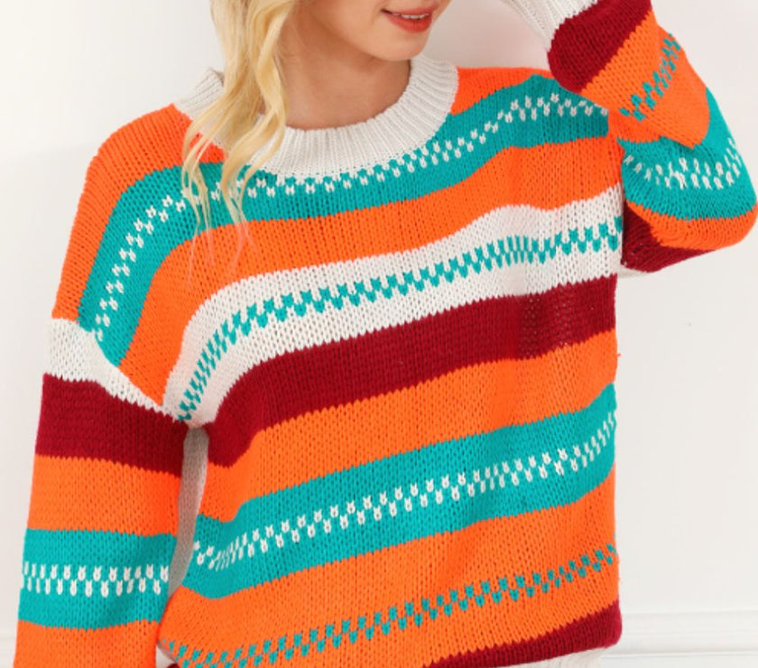 Contrast Striped Round Neck Long Sleeve Sweater