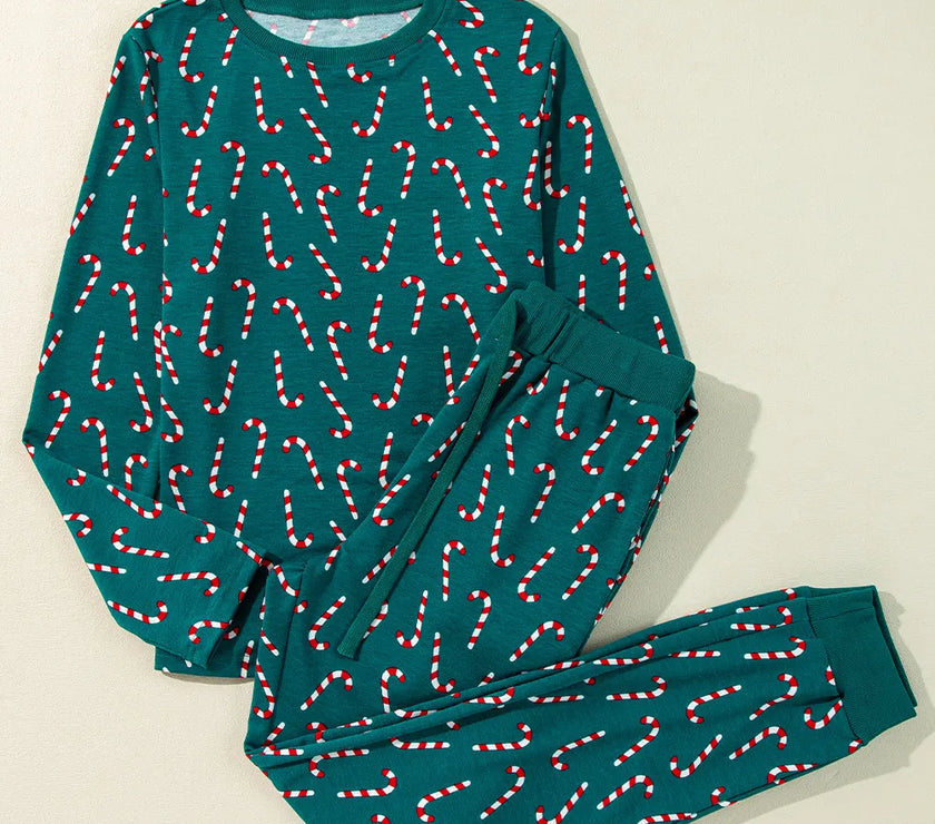 Candy Cane Print Round Neck Top and Pants Lounge Set