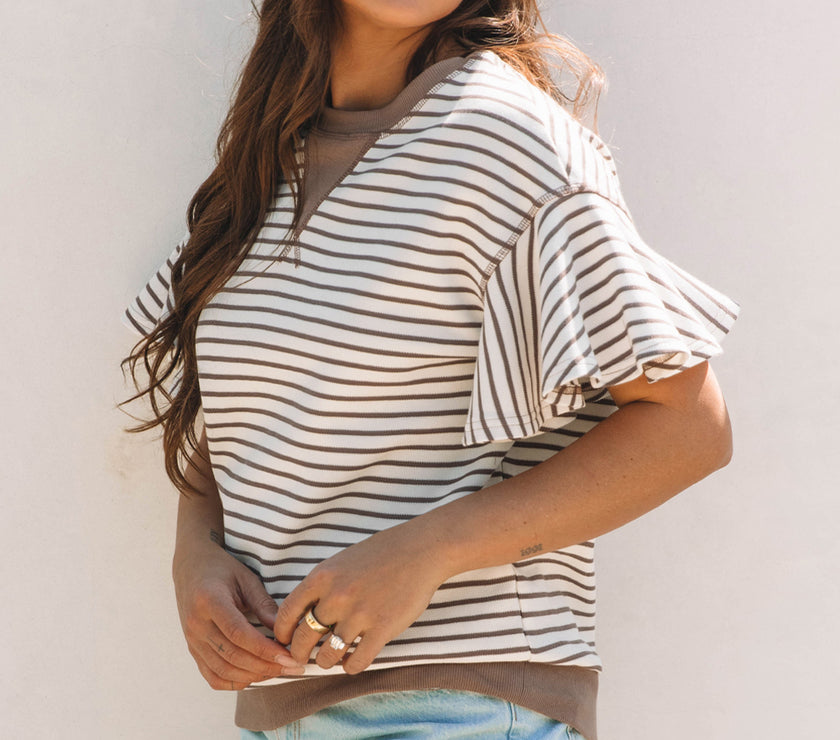 Parchment Contrast Detail Striped Ruffle Short Sleeve Top