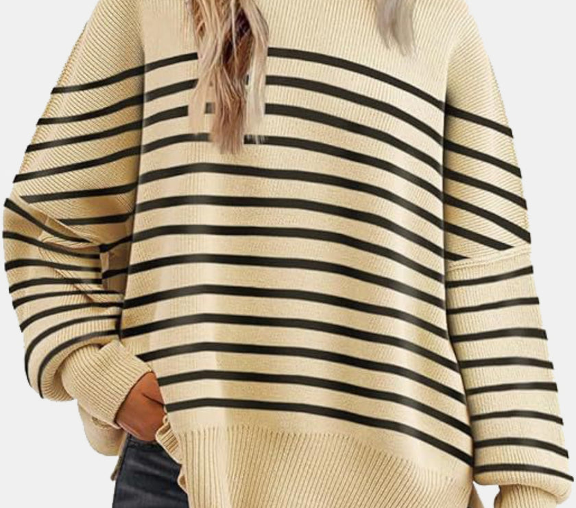 Round Neck Drop Shoulder Slit Sweater