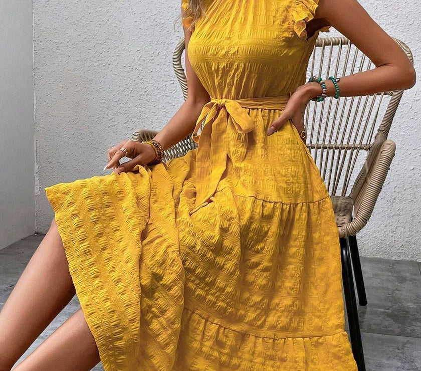 Tied Ruffled Cap Sleeve Midi Dress