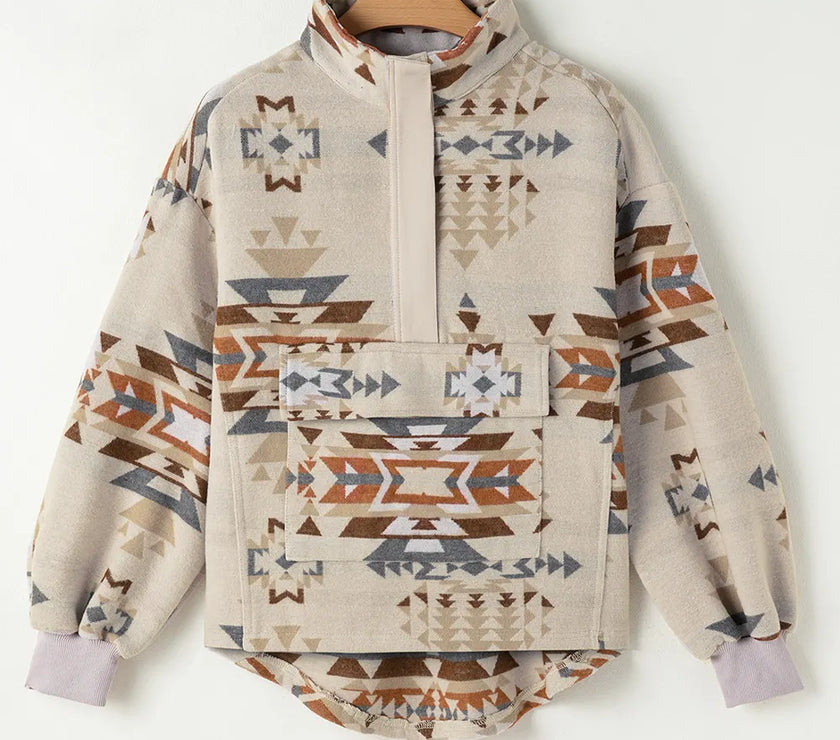 Geometric Collared Neck Long Sleeve Sweatshirt