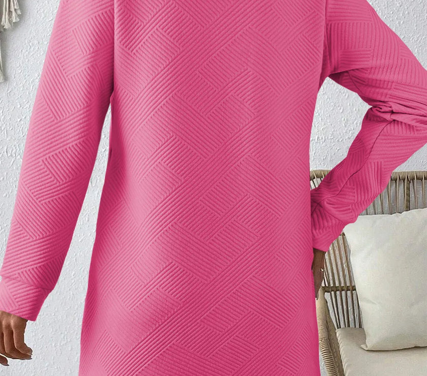 Textured Round Neck Long Sleeve Mini Dress