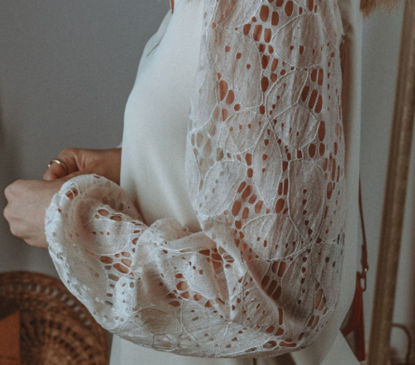 V Neck Lace Balloon Sleeve Blouse