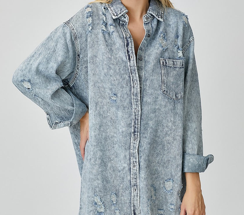 RISEN Distressed Raw Hem Denim Shirt