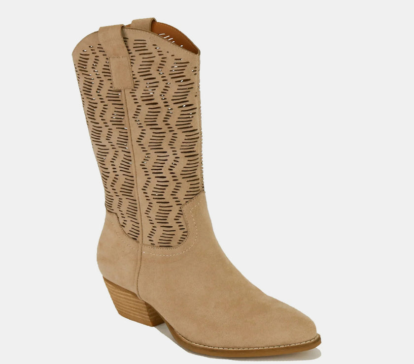 Beast Fashion Faux Suede Laser Cut Detail Block Heel Boots