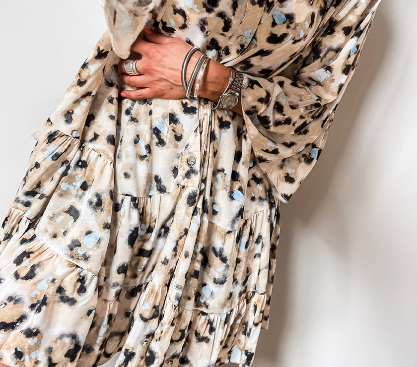 Khaki Leopard Print Buttoned Front 3/4 Sleeve Tiered Ruffled Hem Dress