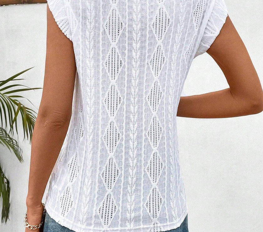 Openwork Round Neck Cap Sleeve Top