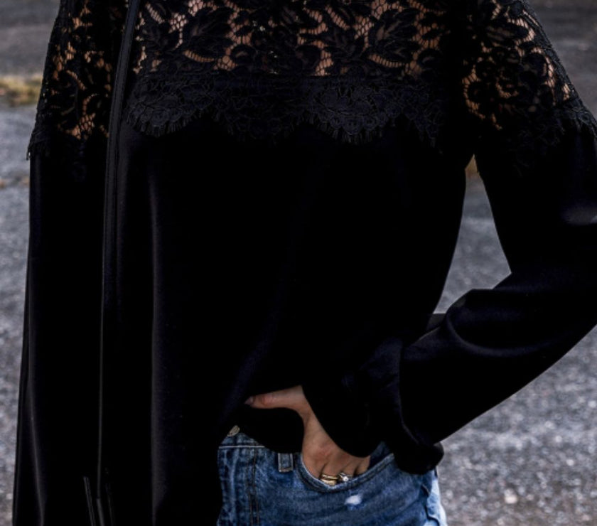 Lace Detail Round Neck Long Sleeve Blouse